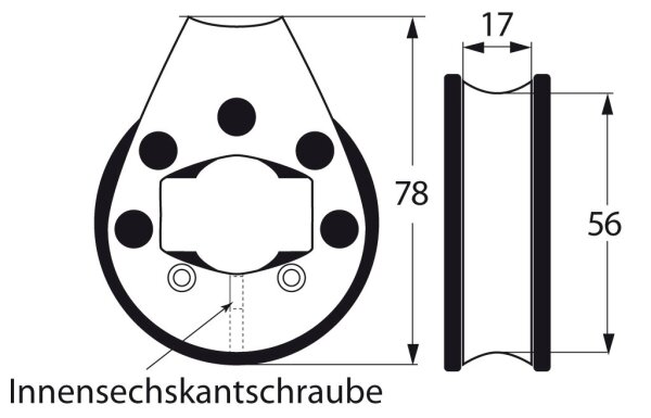 Reffleinenblock kugell. 56mm, Seil 12mm, für Reling 25mm
