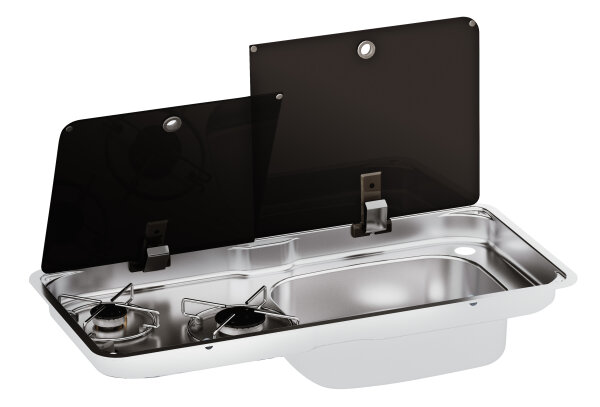 CAN Einbau-Gaskocher FL1765 mit 2 Kochfeldern, Spüle rechts, 2 Glasdeckel