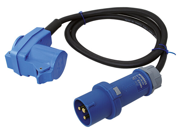 CEE Adapterkabel 230V 3-polig mit Stecker und Winkelkupplung + Schuko, 1,5m