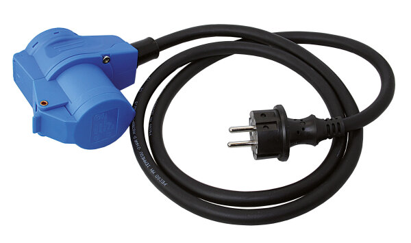 CEE Adapterkabel 230V 3-polig, Winkelkupplung+Schuko zu Schuko-Stecker 1,5m