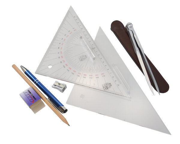 Ausbildungs-Set mit Zirkel, Kurs- und Anlegedreieck etc.